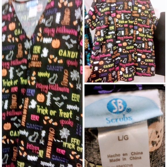 Holiday Halloween size large scrub top.w/ words - Picture 2 of 8
